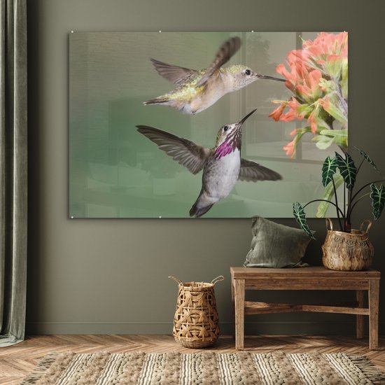 MuchoWow® Glasschilderij 150x100 cm - Schilderij acrylglas - Kolibrie - Vogels - Bloem - Foto op glas - Schilderijen