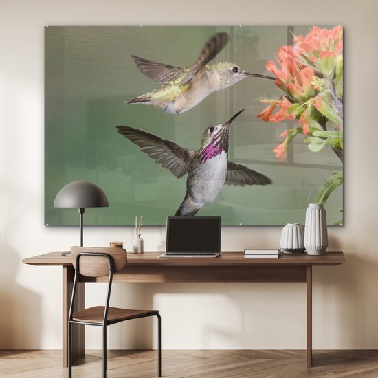 MuchoWow® Glasschilderij 150x100 cm - Schilderij acrylglas - Kolibrie - Vogels - Bloem - Foto op glas - Schilderijen