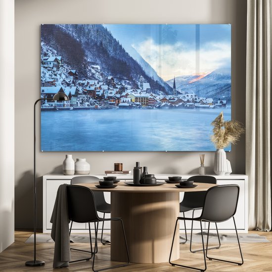 MuchoWow® Glasschilderij 180x120 cm - Schilderij acrylglas - Alpen - Dorp - Sneeuw - Foto op glas - Schilderijen
