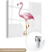 MuchoWow® Glasschilderij 90x90 cm - Schilderij acrylglas - Flamingo - Waterverf - Roze - Foto op glas - Schilderijen