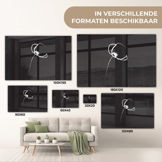 Peinture sur verre MuchoWow® 90x60 cm - Peinture acrylique sur verre - Bloem - Zwart - Wit - Line art - Photo sur verre - Peintures