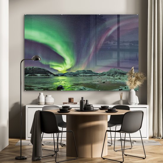 MuchoWow® Peinture sur verre 150x100 cm - Peinture sur verre acrylique - Aurores boréales - Glace - Violet - Vert - Photo sur verre - Peintures