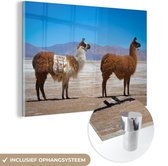 MuchoWow® Glasschilderij 150x100 cm - Schilderij acrylglas - Lama - Woestijn - Bergen - Foto op glas - Schilderijen