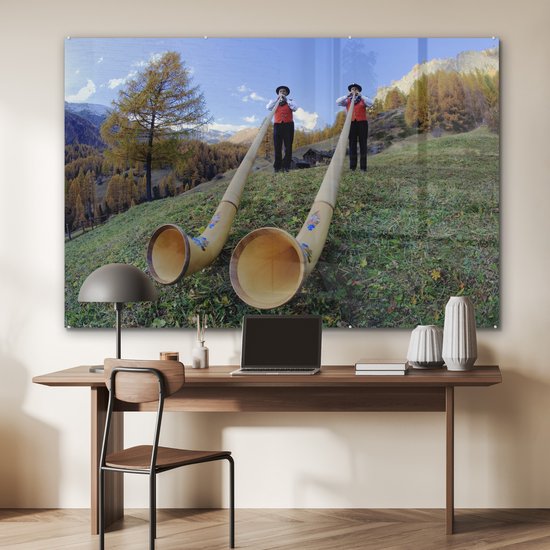 MuchoWow® Peinture sur verre 150x100 cm - Peinture sur verre acrylique - Alpes - Homme - Cor des Alpes - Photo sur verre - Peintures