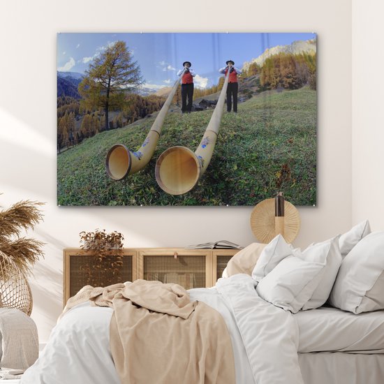 MuchoWow® Peinture sur verre 150x100 cm - Peinture sur verre acrylique - Alpes - Homme - Cor des Alpes - Photo sur verre - Peintures