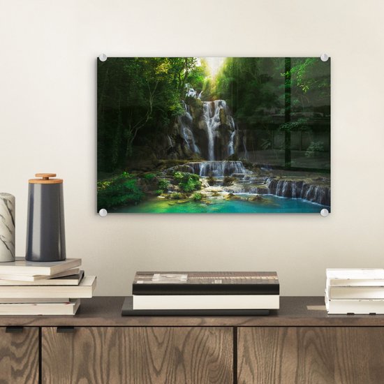 MuchoWow® Peinture sur verre 30x20 cm - Peinture sur verre acrylique - Cascade - Soleil - Arbres - Photo sur verre - Peintures