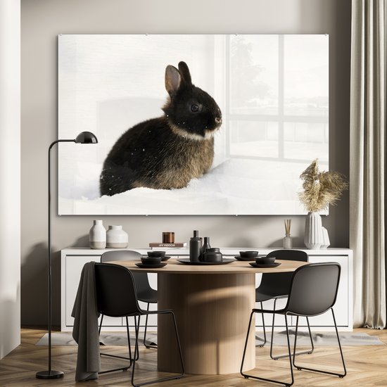 MuchoWow® Peinture sur verre 150x100 cm - Peinture sur verre acrylique - Lapin - Neige - Hiver - Photo sur verre - Peintures