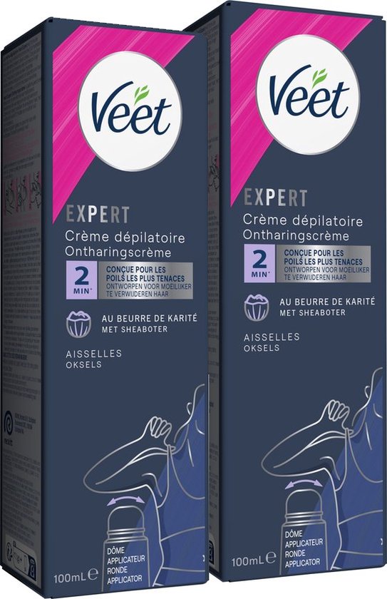 Twee verpakkingen Veet Expert ontharingscrème voor oksels, 100ml, met ronde applicator. 'Conçu pour les poils les plus tenaces', 'Au beurre de karité'.