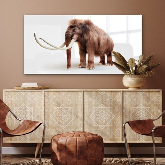 ® Glasschilderij 120x60 cm - Schilderij acrylglas - Illustratie van een Mammoet tegen een witte achtergrond - Foto op glas - Muurdecoratie woonkamer - Wanddecoratie slaapkamer - Schilderijen