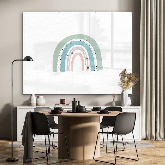 MuchoWow® Peinture sur verre 160x120 cm - Peinture sur verre acrylique - Arc-en-ciel - Enfants - Étoiles - Points - Pastel - Photo sur verre - Peintures