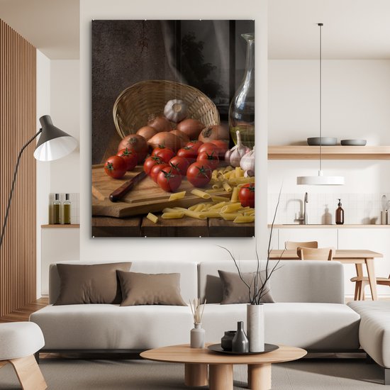 MuchoWow® Tableau sur verre 120x160 cm - Tableau sur verre acrylique - Planche à découper - Légume - Nature morte - Pâtes - Oignon - Tomate - Planche à découper - Photo sur verre - Décoration murale salon - Décoration murale chambre - Peintures