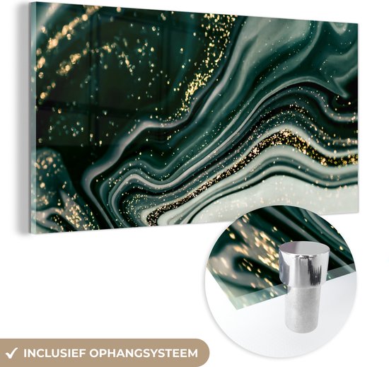 MuchoWow® Peinture sur verre 80x40 cm - Peinture sur verre acrylique - Aspect marbre - Or - Vert - Glitter - Design - Marbre - Photo sur verre - Peintures