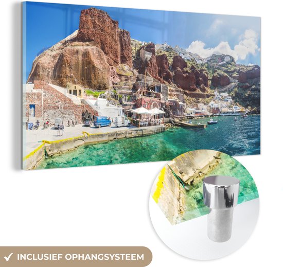 MuchoWow® Glasschilderij 120x60 cm - Schilderij acrylglas - De kleine haven van Oia Santorini in Griekenland - Foto op glas - Schilderijen