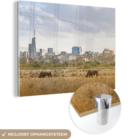 Glasschilderij - Neushoorns lopen voor skyline Nairobi Kenia - Acrylglas Schilderijen - Foto op Glas