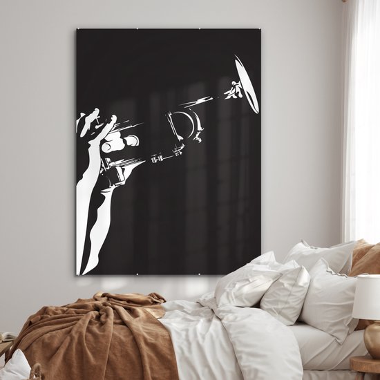 MuchoWow® Peinture sur verre 120x160 cm - Peinture sur verre acrylique - Illustration d'une trompette tenue en noir et blanc - Photo sur verre - Peintures