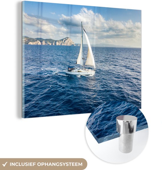MuchoWow® Glasschilderij - Boot - Wit - Zee - 120x90 cm - Acrylglas Schilderijen - Foto op Glas