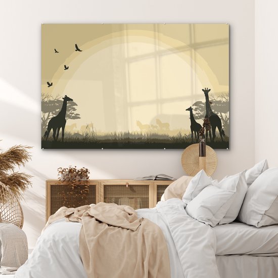 ® Glasschilderij 150x100 cm - Schilderij acrylglas - Een illustratie van een Afrikaanse safari als achtergrond met giraffen - Foto op glas - Muurdecoratie woonkamer - Wanddecoratie slaapkamer - Schilderijen