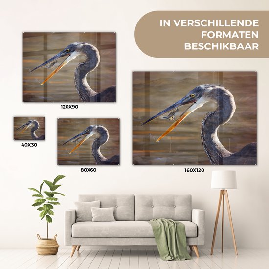 MuchoWow® Peinture sur verre - Héron avec proie - 120x90 cm - Peintures sur verre acrylique - Photo sur Glas