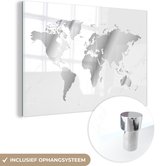 MuchoWow® Glasschilderij 90x60 cm - Schilderij acrylglas - Grijs getinte wereldkaart met marmeren achtergrond - zwart wit - Foto op glas - Schilderijen