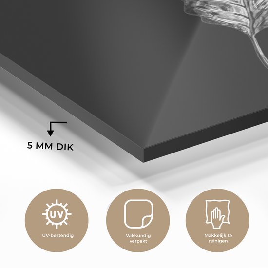 MuchoWow® Peinture sur Verre - Feuille fine sur fond noir - noir et blanc - 60x90 cm - Peintures sur Verre Acrylique - Photo sur Glas