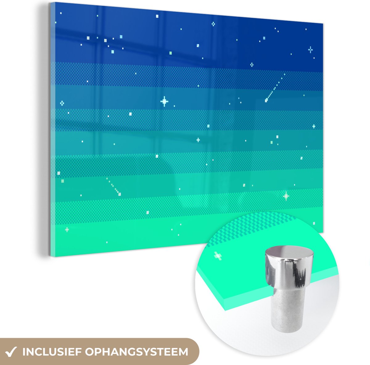 ® Glasschilderij 30x20 cm - Schilderij acrylglas - Gaming - Sterren - Pixel Art - Foto op glas - Muurdecoratie woonkamer - Wanddecoratie slaapkamer - Schilderijen