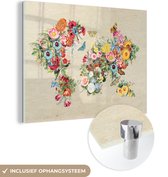 MuchoWow® Glasschilderij 80x60 cm - Schilderij acrylglas - Wereldkaart - Vintage - Bloemen - Foto op glas - Schilderijen