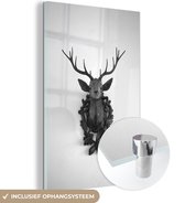 MuchoWow® Glasschilderij 100x150 cm - Schilderij acrylglas - Hertenkop aan de muur - zwart wit - Foto op glas - Schilderijen