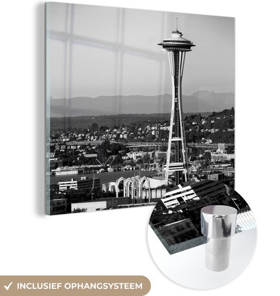 MuchoWow® Glasschilderij 90x90 cm - Schilderij acrylglas - Space Needle in Seattle - zwart wit - Foto op glas - Schilderijen
