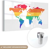 MuchoWow® Glasschilderij 120x60 cm - Schilderij acrylglas - Wereldkaart - Pride - Regenboog - Foto op glas - Schilderijen