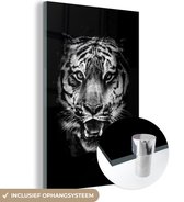 Glasschilderij tijger - Neon - Blauw - Dieren - Portret - Schilderij glas - Wanddecoratie glas - 40x60 cm - Foto op glas - Woondecoratie - Slaapkamer
