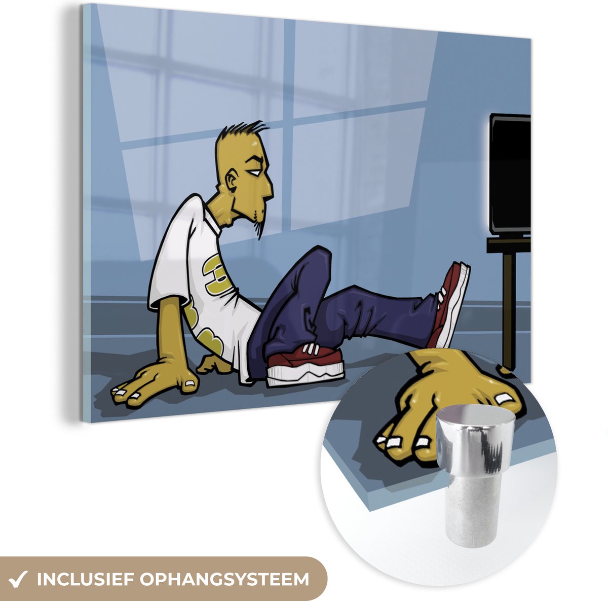 ® Glasschilderij 60x40 cm - Schilderij acrylglas - Een illustratie van een tiener die televisie kijkt - Foto op glas - Muurdecoratie woonkamer - Wanddecoratie slaapkamer - Schilderijen