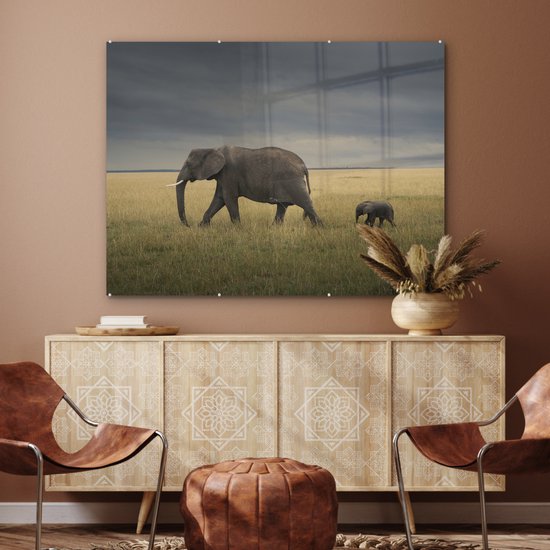 ® Glasschilderij 120x90 cm - Schilderij acrylglas - Olifant - Savanne - Dieren - Natuur - Foto op glas - Muurdecoratie woonkamer - Wanddecoratie slaapkamer - Schilderijen
