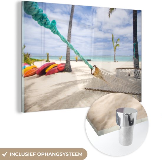 MuchoWow® Glasschilderij 120x80 cm - Schilderij acrylglas - Strand - Boot - Hangmat - Foto op glas - Schilderijen