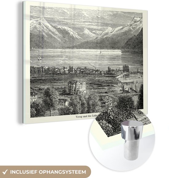 MuchoWow® Glasschilderij 160x120 cm - Schilderij acrylglas - Een vintage illustratie van het Meer van Genève - Foto op glas - Schilderijen
