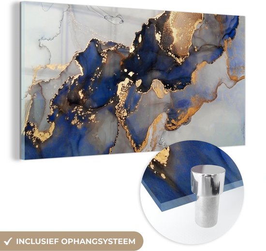 MuchoWow® Glasschilderij 120x60 cm - Schilderij acrylglas - Marmer - Blauw - Goud - Foto op glas - Schilderijen