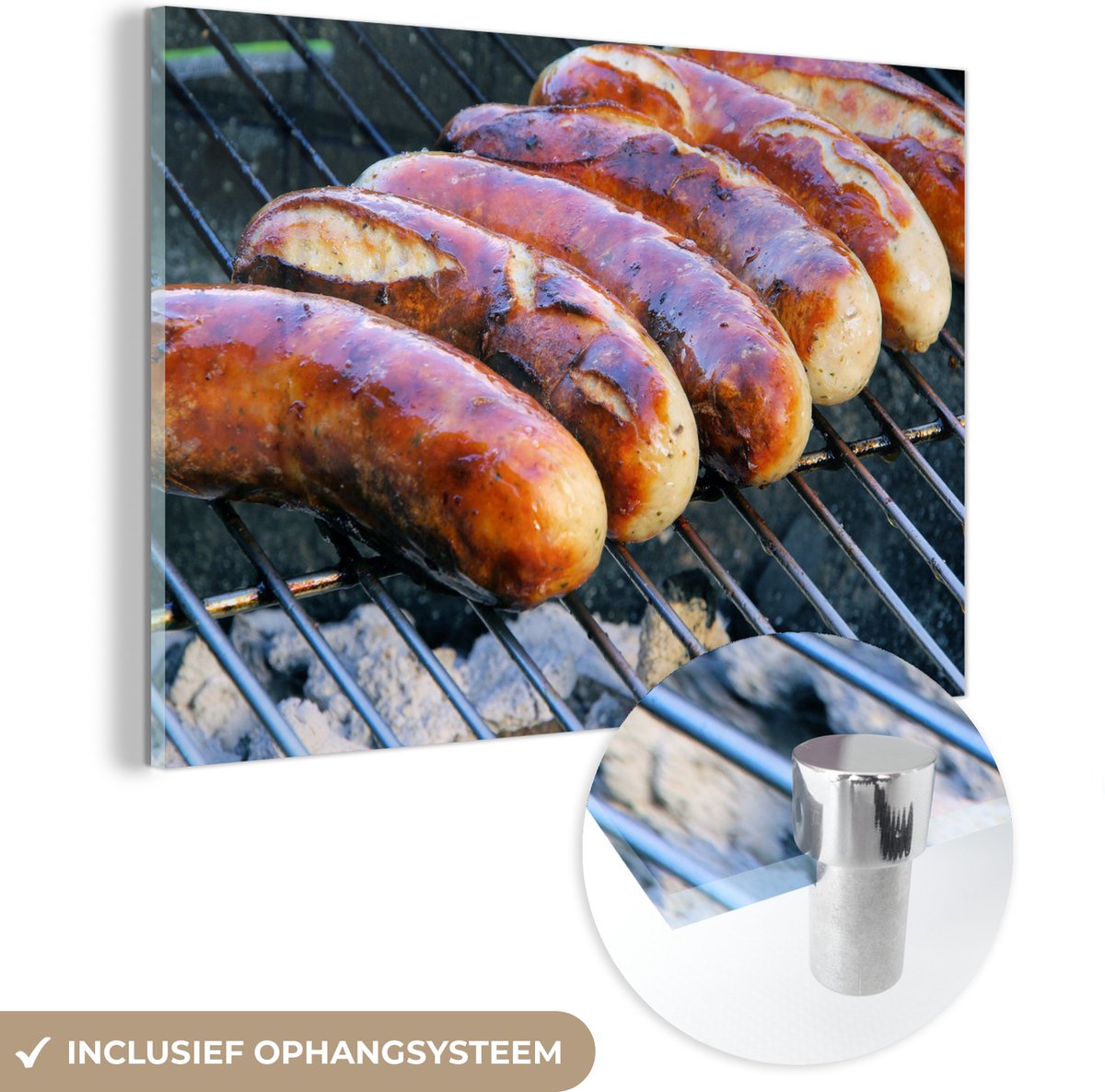 ® Glasschilderij 60x40 cm - Schilderij acrylglas - De braadworsten op de barbecue - Foto o