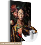 MuchoWow® Glasschilderij 40x60 cm - Schilderij acrylglas - Vrouw - Asian - Kimono - Bloemen - Portret - Foto op glas - Schilderijen