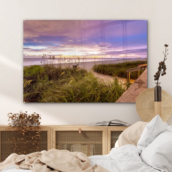 ® Glasschilderij 90x60 cm - Schilderij acrylglas - Kleurrijke hemel boven het strand in Florida - Foto op glas - Muurdecoratie woonkamer - Wanddecoratie slaapkamer - Schilderijen