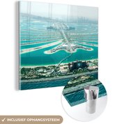 MuchoWow® Glasschilderij 90x90 cm - Schilderij acrylglas - Dubai - Skyline - Palm - Foto op glas - Schilderijen
