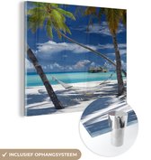 MuchoWow® Glasschilderij 20x20 cm - Schilderij acrylglas - Hangmat - Palmboom - Oceaan - Foto op glas - Schilderijen