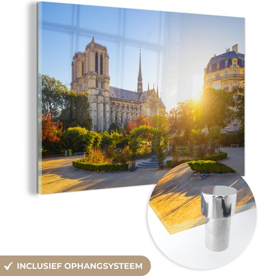 MuchoWow® Glasschilderij 60x40 cm - Schilderij acrylglas - Parijs - Notre Dame - Zon - Foto op glas - Schilderijen