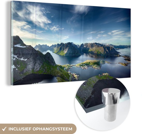 MuchoWow® Glasschilderij 40x20 cm - Schilderij acrylglas - Panoramisch uitzicht Lofoten Noorwegen - Foto op glas - Schilderijen