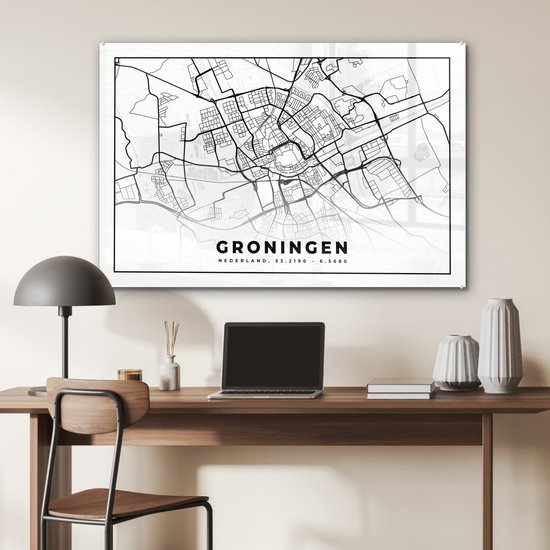 MuchoWow® Peinture sur Verre - Plan de la Ville - Groningen - Nederland - 90x60 cm - Peintures sur Verre Acrylique - Photo sur Glas