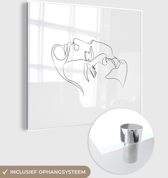 MuchoWow® Glasschilderij 50x50 cm - Schilderij acrylglas - Abstracte line art van twee gezichten vierkant - Foto op glas - Schilderijen