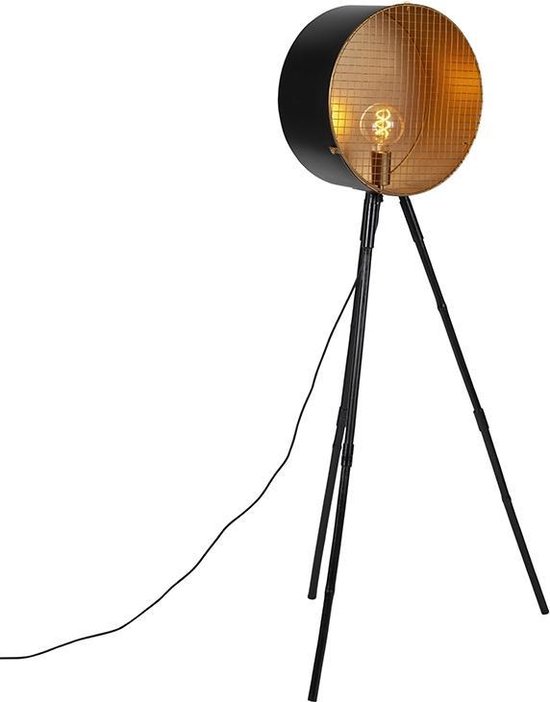 QAZQA barrel fl - Retro Vloerlamp | Staande Lamp met kap - 1 lichts - H 1430 mm - Zwart Goud - Woonkamer | Slaapkamer | Keuken