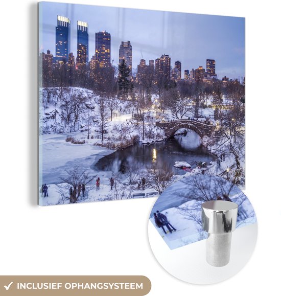 MuchoWow® Glasschilderij 40x30 cm - Schilderij acrylglas - New York - Central Park - Sneeuw - Foto op glas - Schilderijen