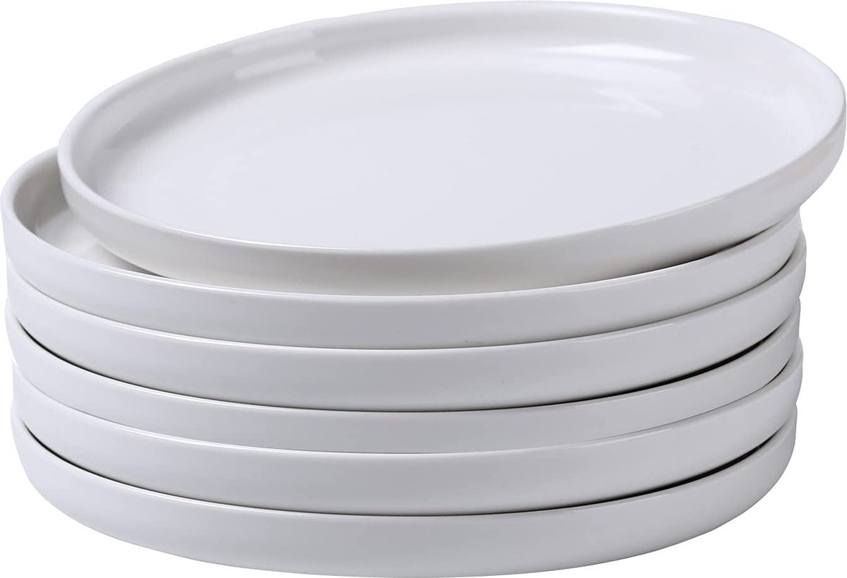 6 porseleinen borden, 20 cm, diepe borden, pastakommen, soepkommen, magnetronservies, platte borden, serveerschaal voor pasta, soep, salade (wit, 20 cm)