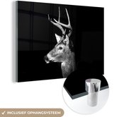 MuchoWow® Glasschilderij 30x20 cm - Schilderij acrylglas - Hert - Portret - Zwart Wit - Foto op glas - Schilderijen