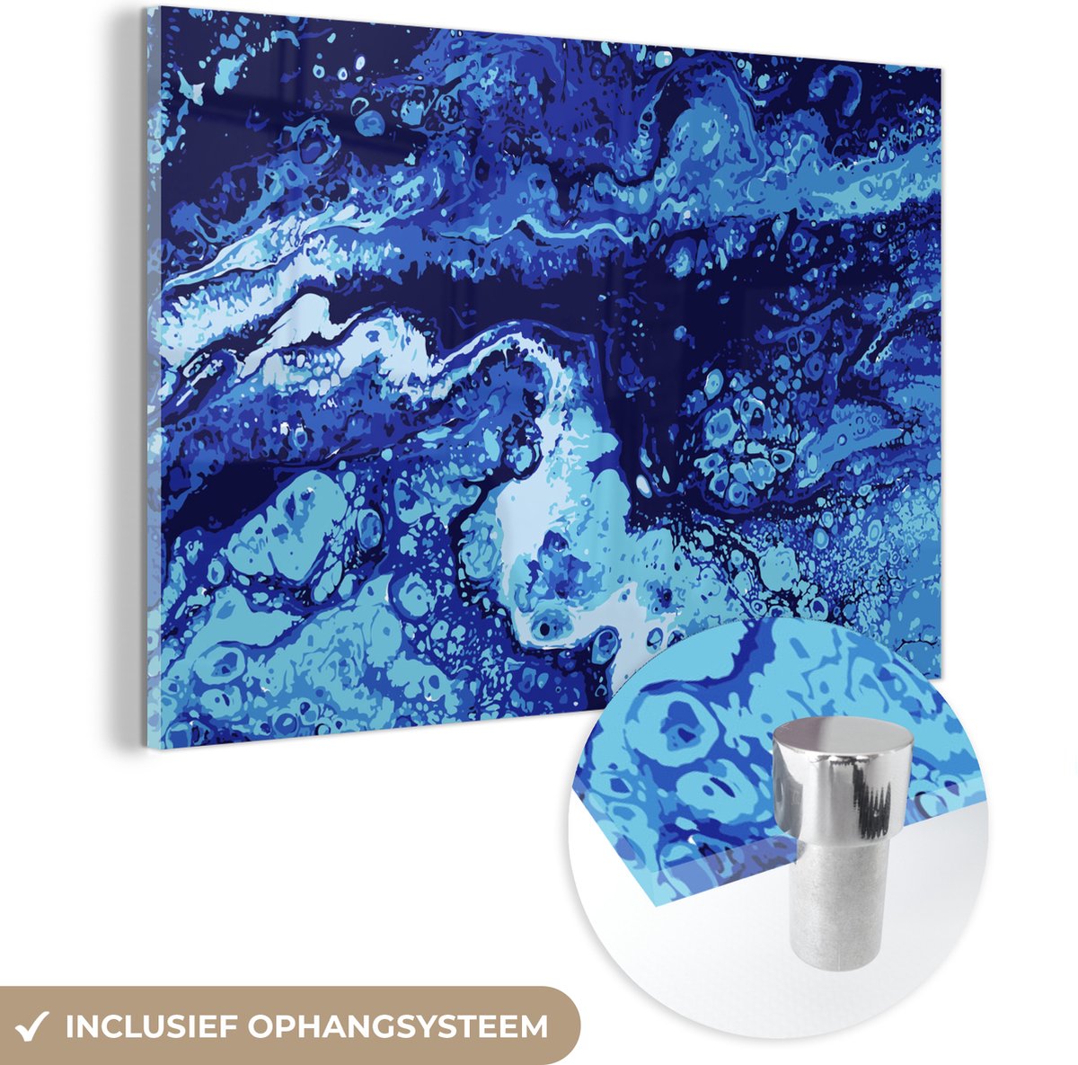 ® Glasschilderij 30x20 cm - Schilderij acrylglas - Marmer - Blauw - Waterverf - Foto op glas - Muurdecoratie woonkamer - Wanddecoratie slaapkamer - Schilderijen