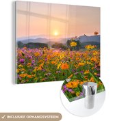 MuchoWow® Glasschilderij 120x90 cm - Schilderij acrylglas - Bloemen - Zonsondergang - Berg - Foto op glas - Schilderijen